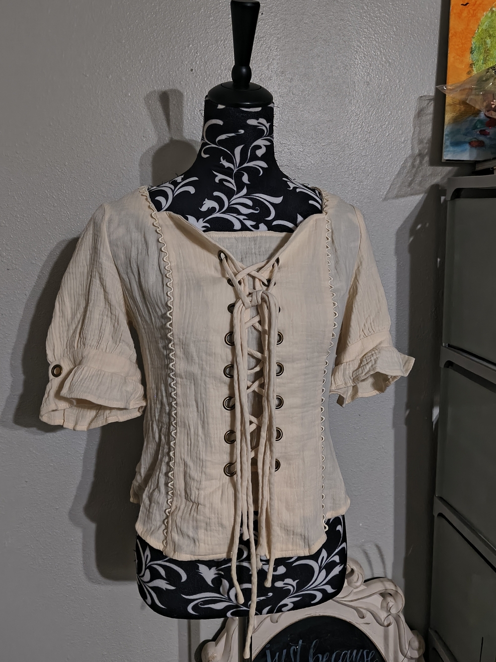 Women's Cream Lace-Up Renaissance Peasant Blouse with Short Puff Sleeves